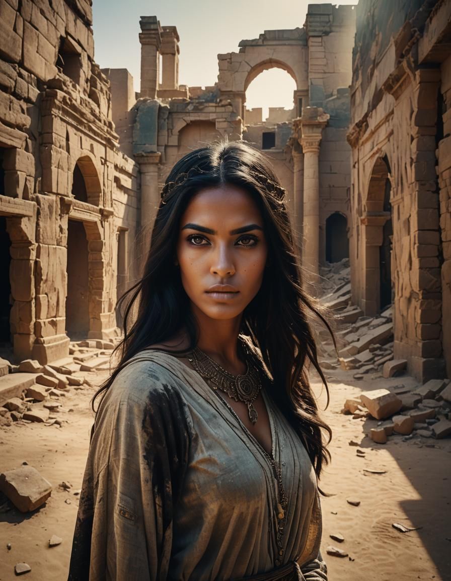 Regal Arabian Woman in Ancient Ruins, Cinematic Film Still