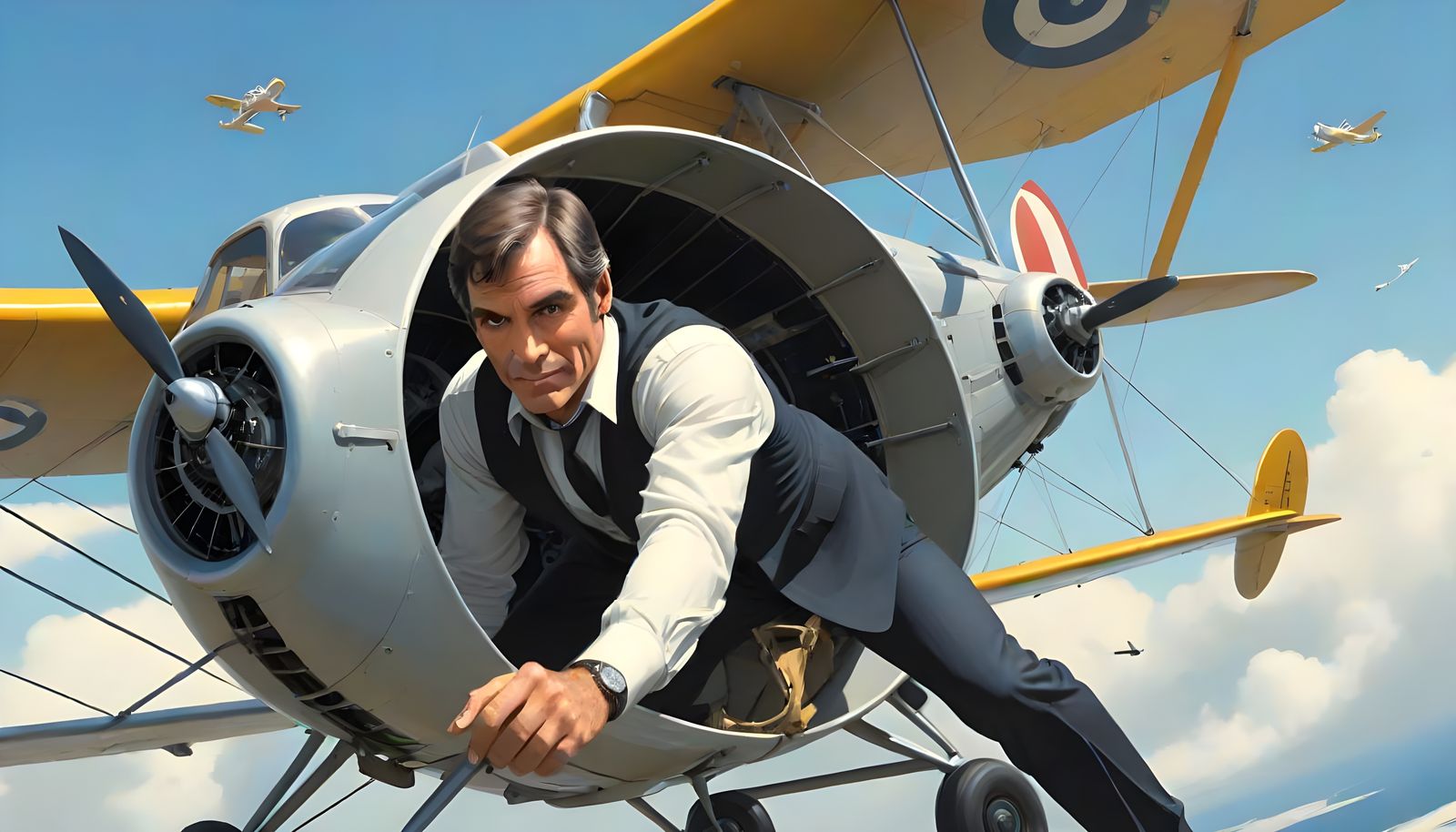 James Bond Climbs Out of a Flying Piper J-3 Cub in Mid-Fligh...