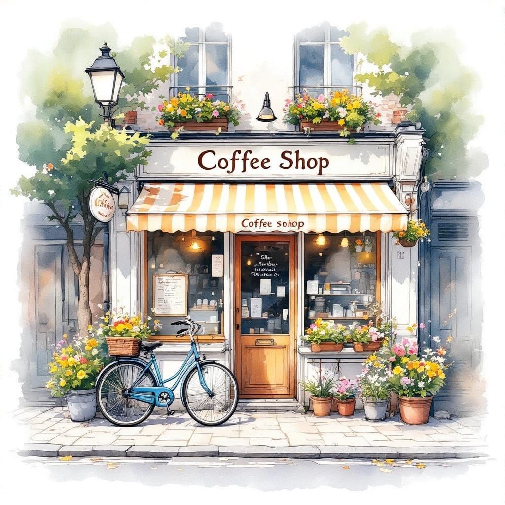 Whimsical Coffee Shop Scene in Dreamy Watercolor