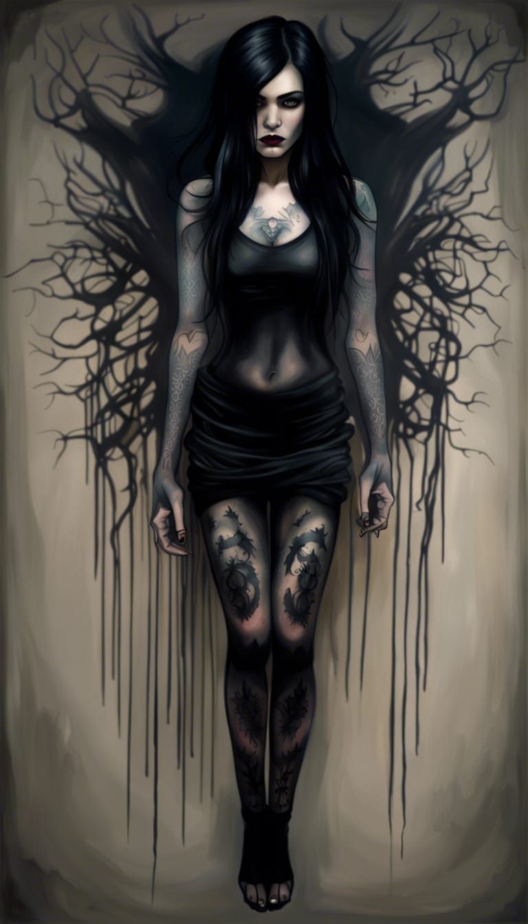 goth girl full body tattoo floating, hands behind her back, ...