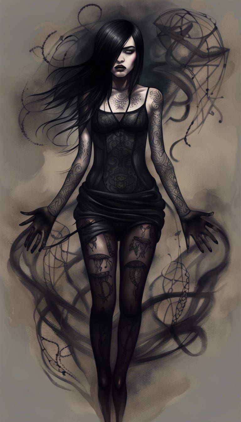 goth girl full body tattoo floating, hands behind her back, ...