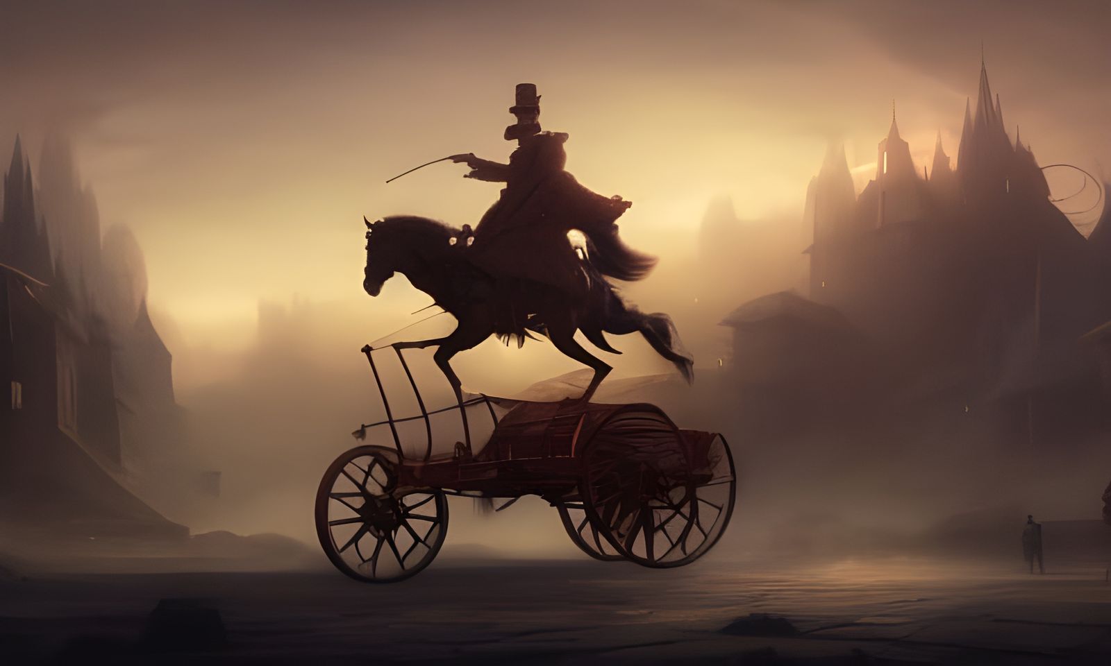 Steampunk Flying Horse and Cart in Valley