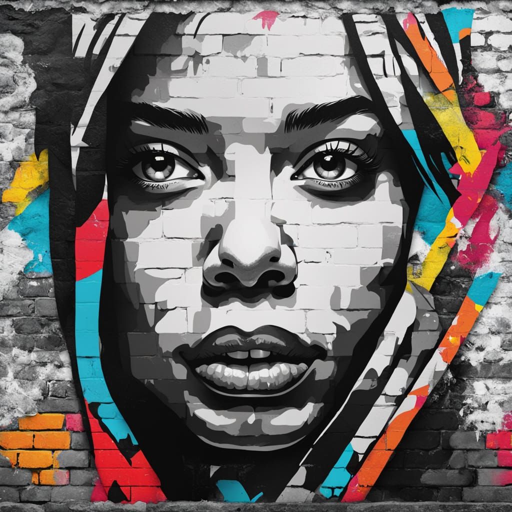 Pop Art Portrait on Graffiti Brick Wall in 8k