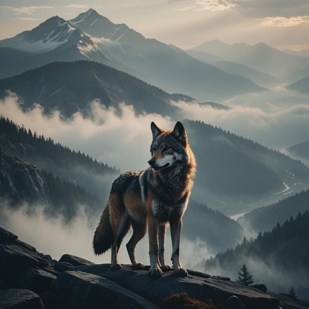Wolf Hybrid Dominates a Misty Mountain Peak in Cinematic 35m...