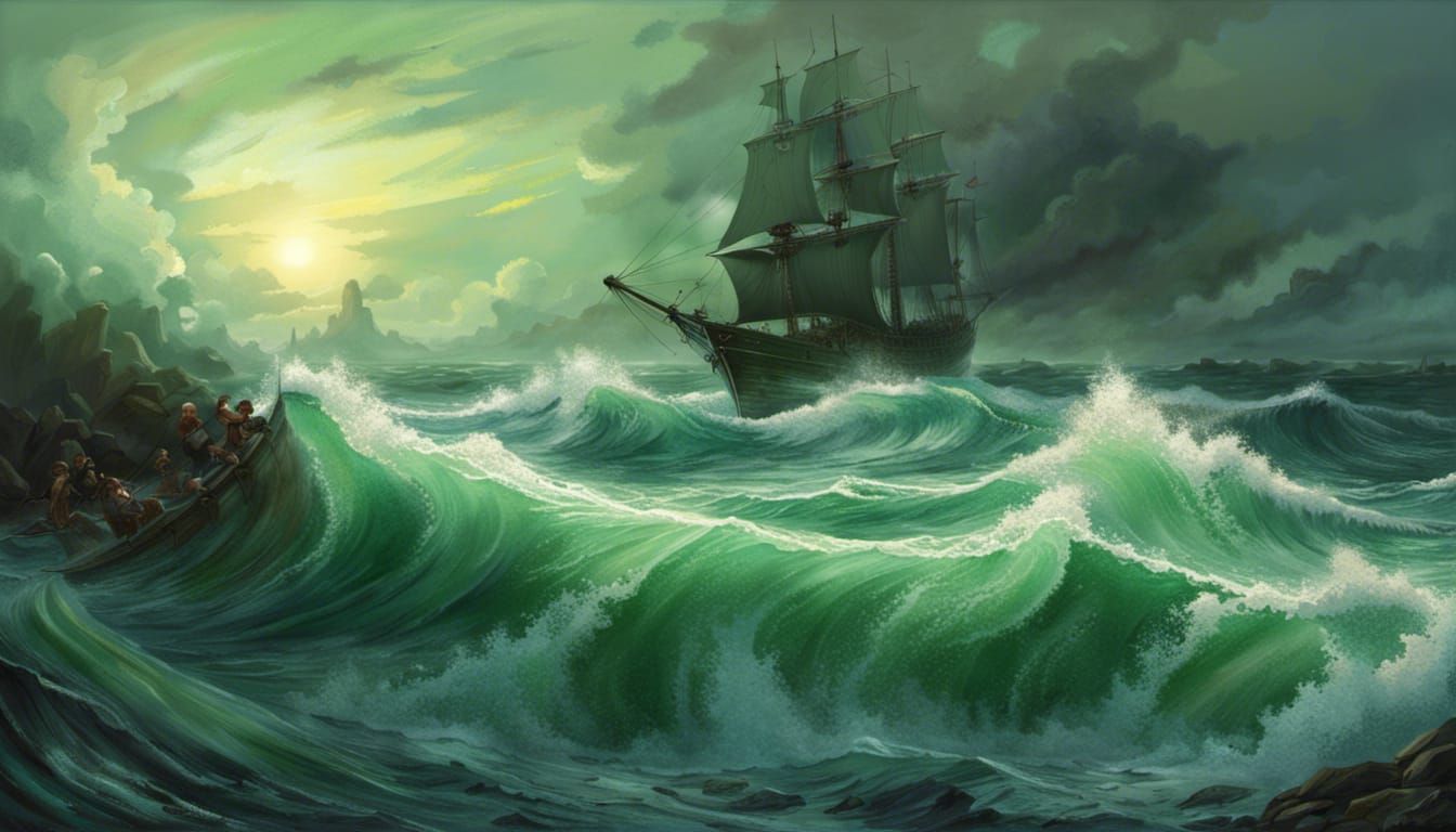 Surreal Green Seascape with Ghostly Pirate Ship