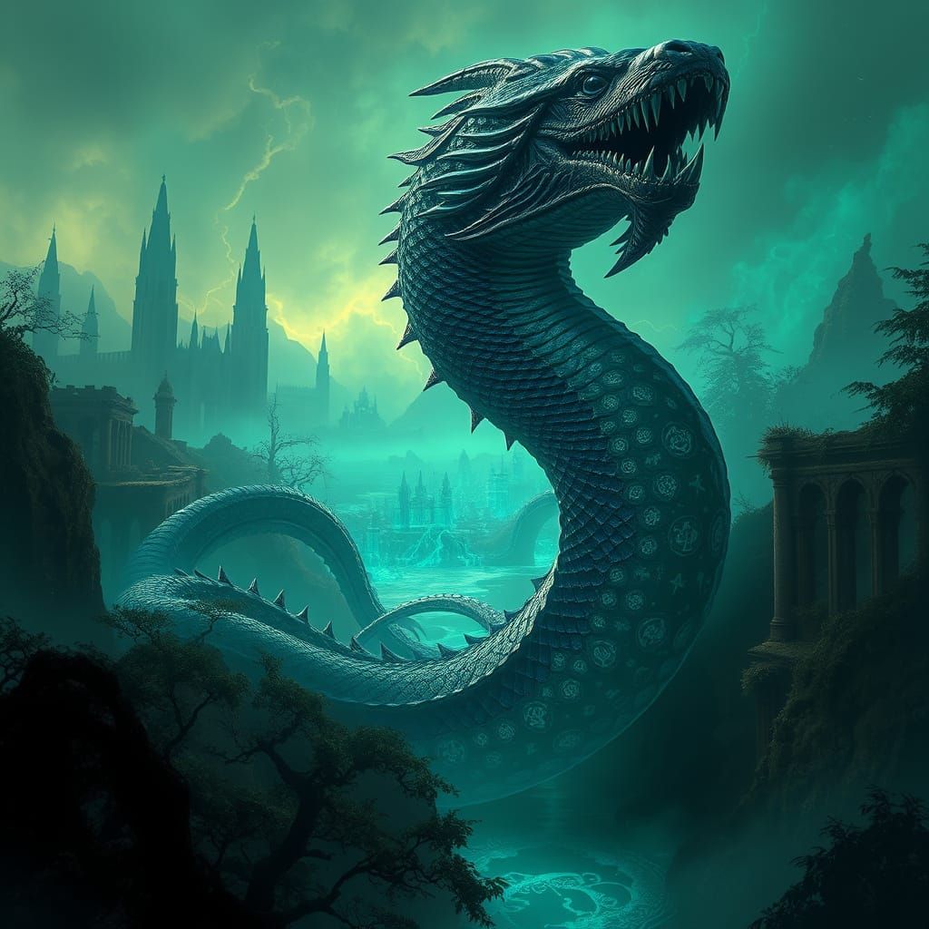 Colossal Leviathan Rises from Mystical Forest Ruins