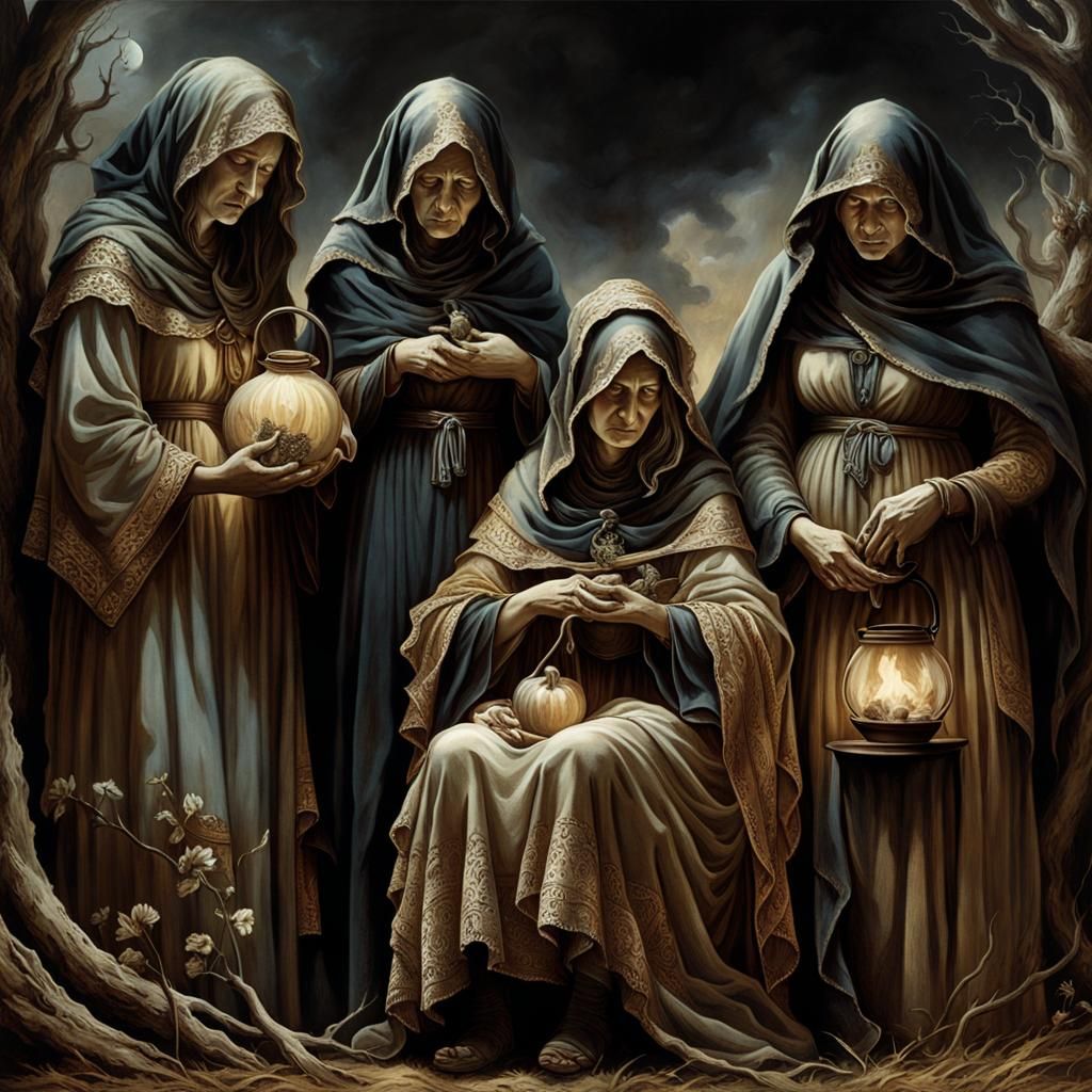 Weary Witches Huddled in Dimly Lit Sanctum
