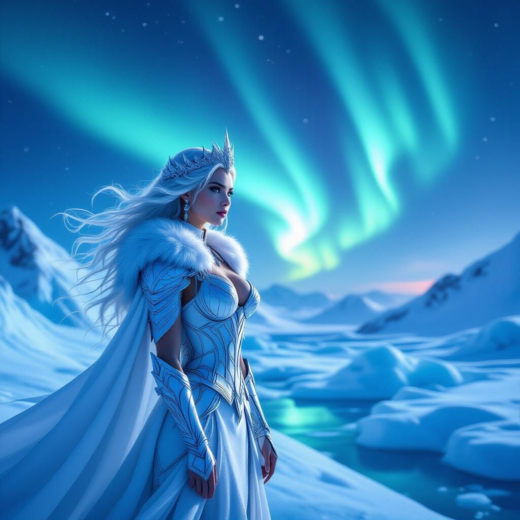 Ice Queen's Frozen Realm Under Aurora Borealis