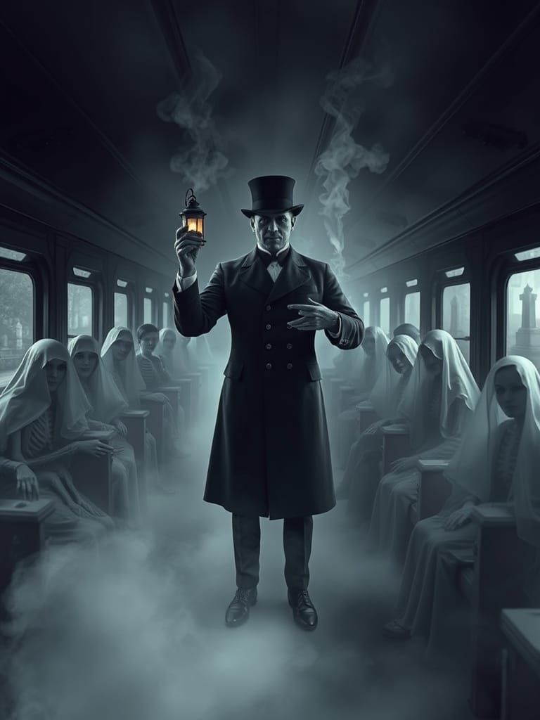 Spectral Train Conductor in Flickering Lantern Light