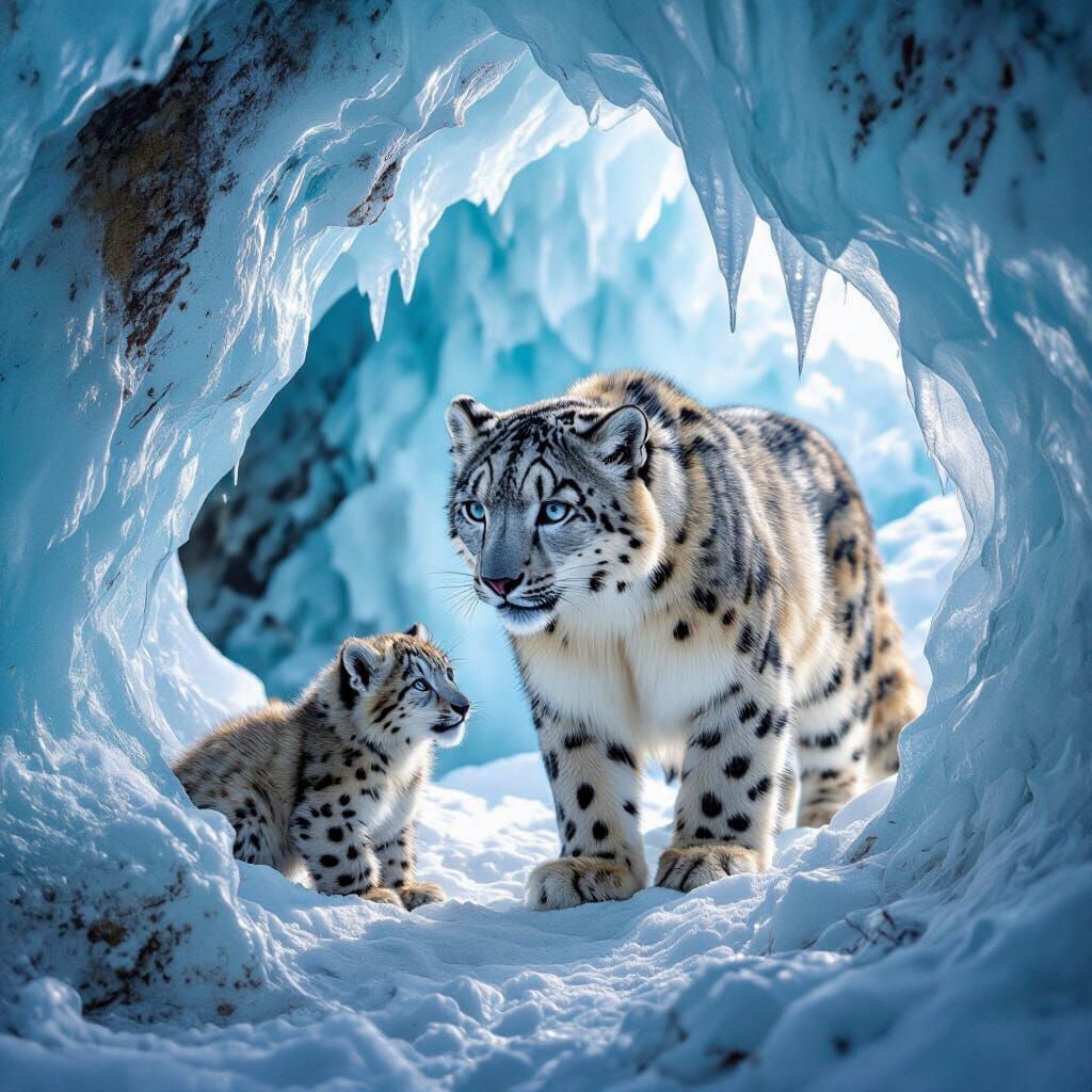 Snow Leopard Family in Himalayan Ice Cave