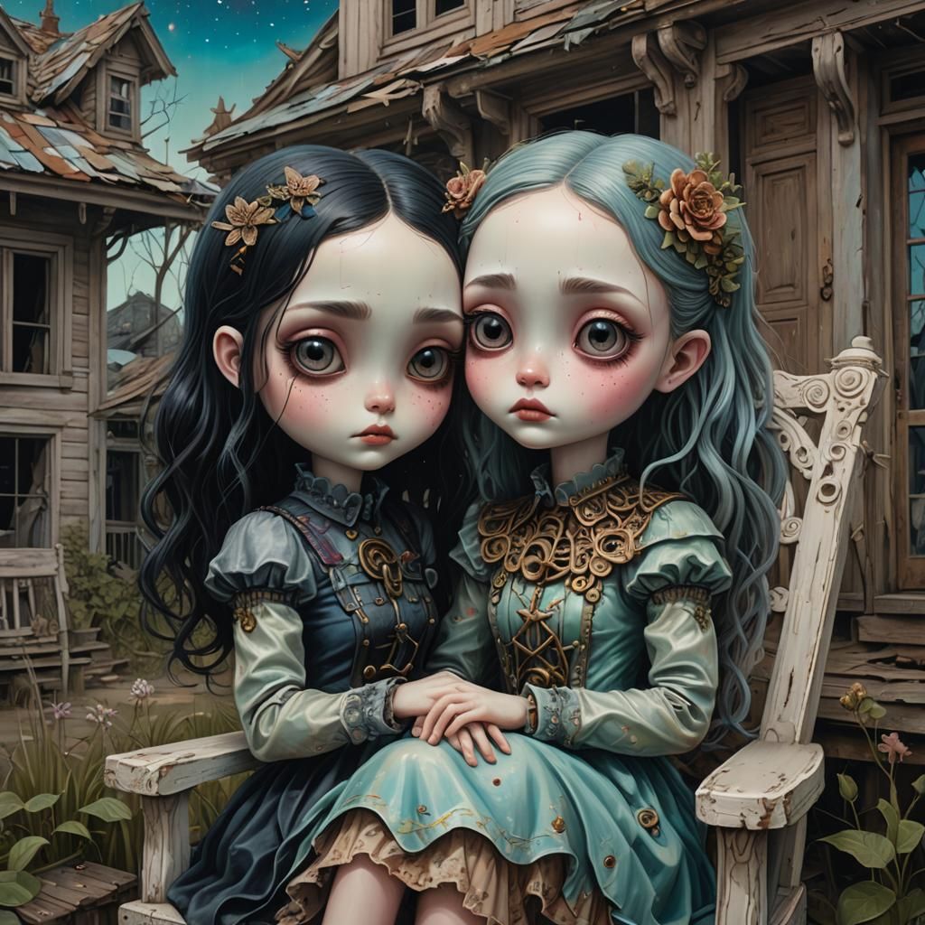Surreal Whimsical Portrait of Girls Hugging in a Derelict Ho...