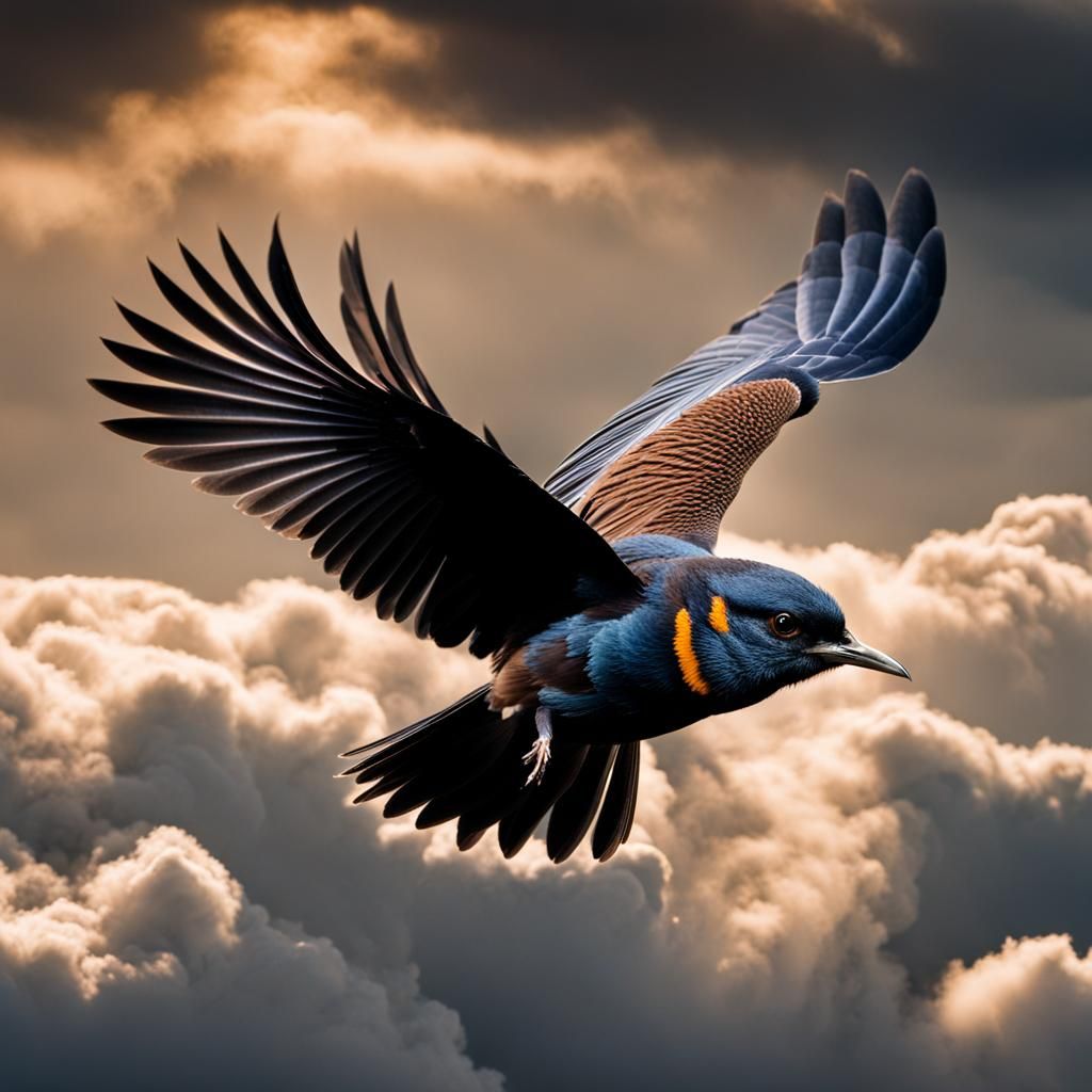 Bird Soars Through Whispy Clouds