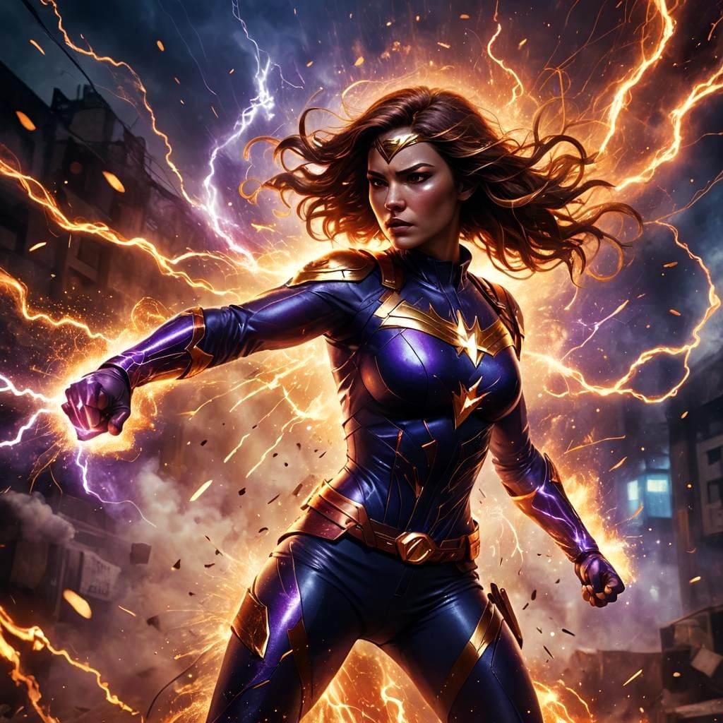 Electric Fantasy Superheroine in Fiery Explosion