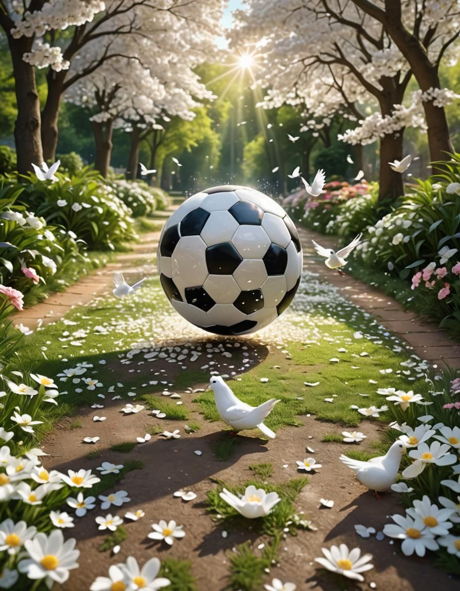 Hyper-Realistic Soccer Ball and Dove in Radiant Garden Scene