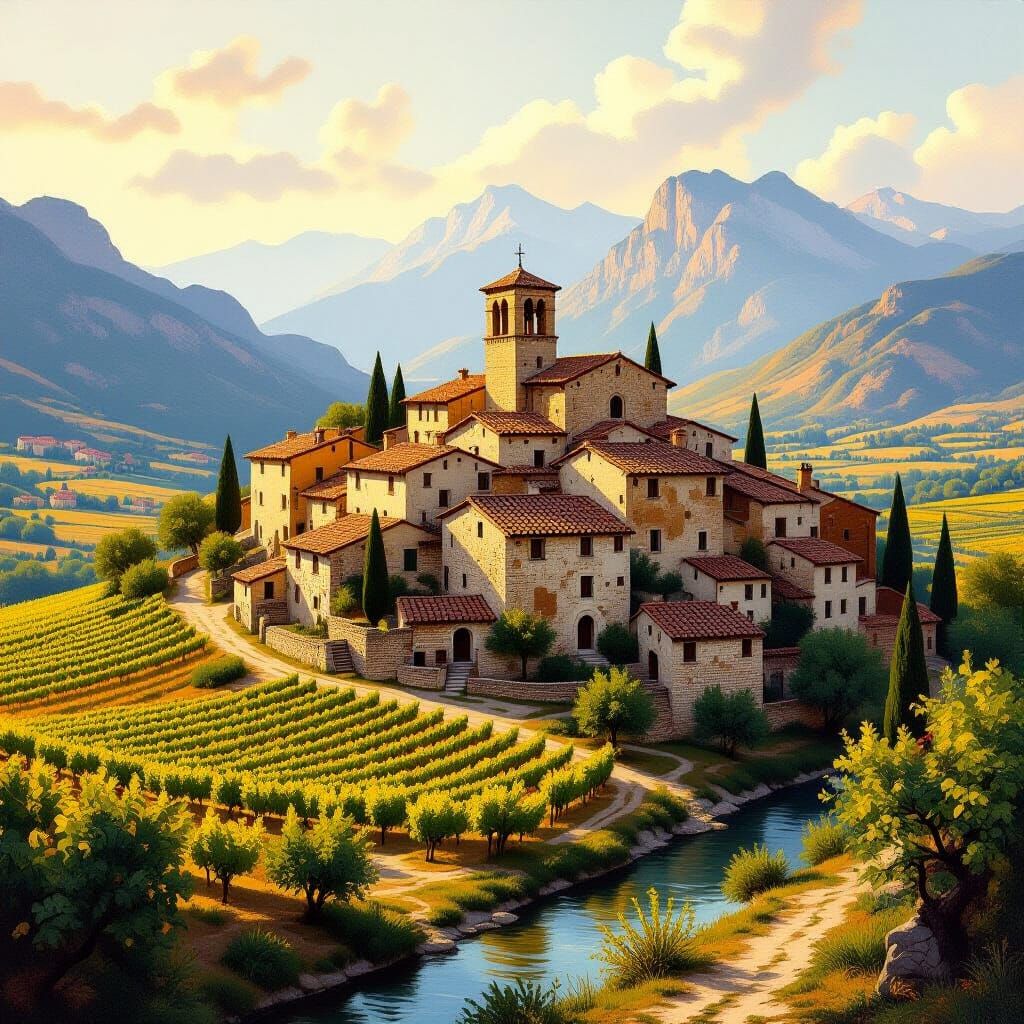 Italian Medieval Village in Golden Sunlight