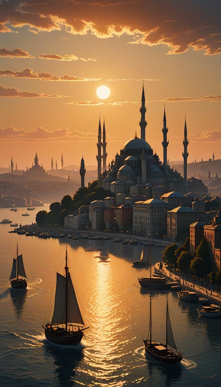 Constantinople Skyline at Dusk: Blue Mosque & Hagia Sophia