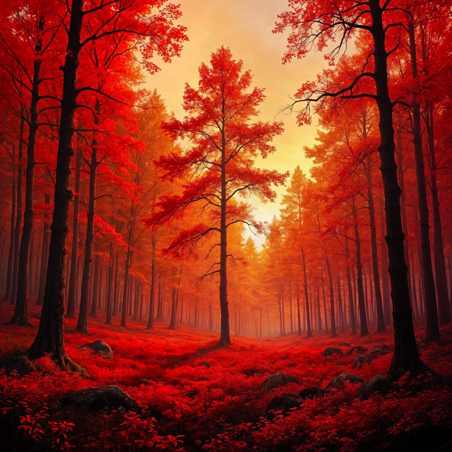 Ethereal September Forest with Lonely Tree