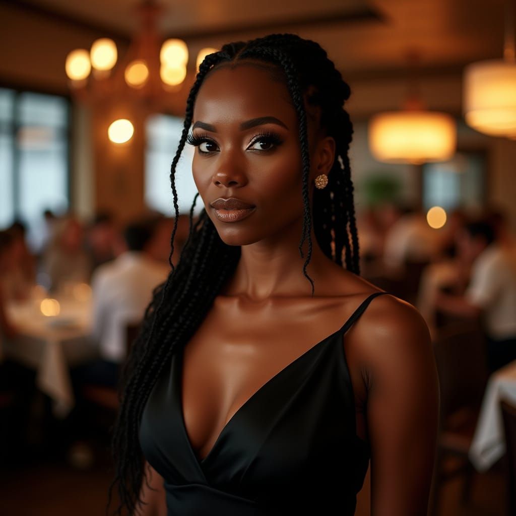 Elegant African American Woman in Black Cocktail Dress