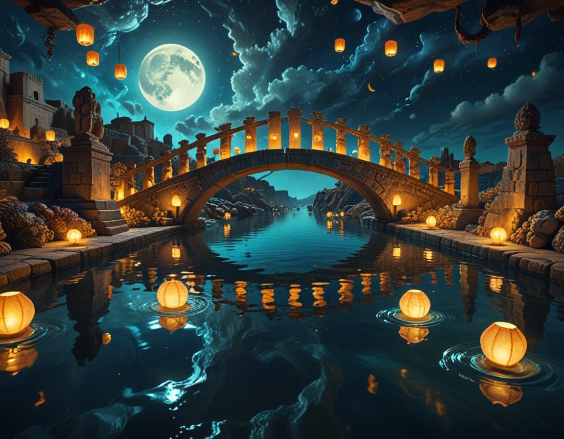 Surreal Aztec Bridge in Golden Night Sky