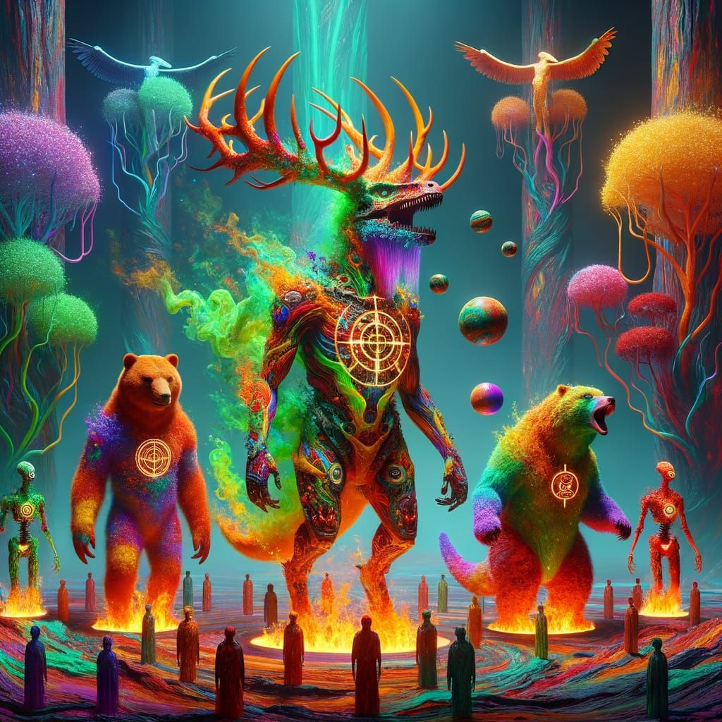 Hybrid T-Rex Bear Creature with Satyrs in Alien Forest