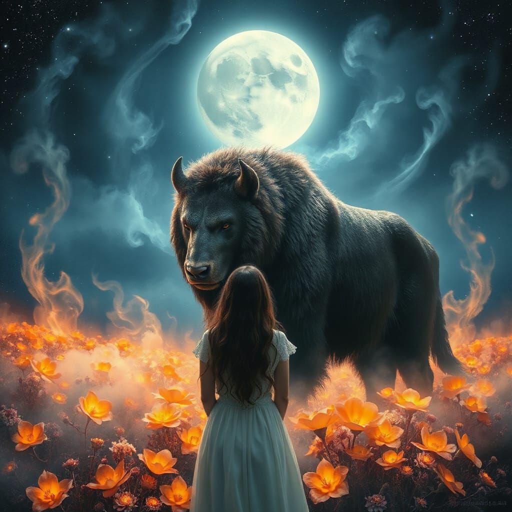 Mystical Beast and Woman Under Starry Night Sky