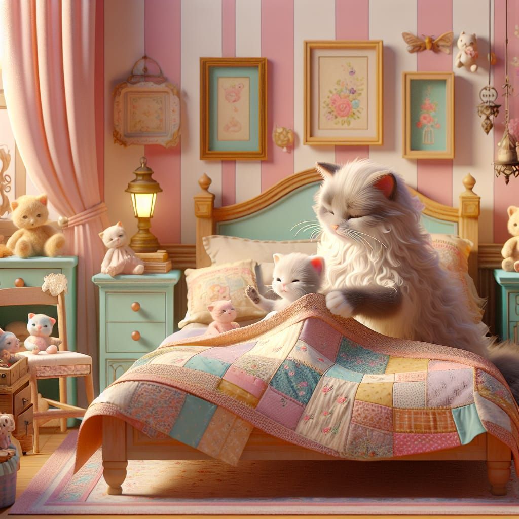 A Disney Pixar style 3D rendering of an adorable cat mommy t...
