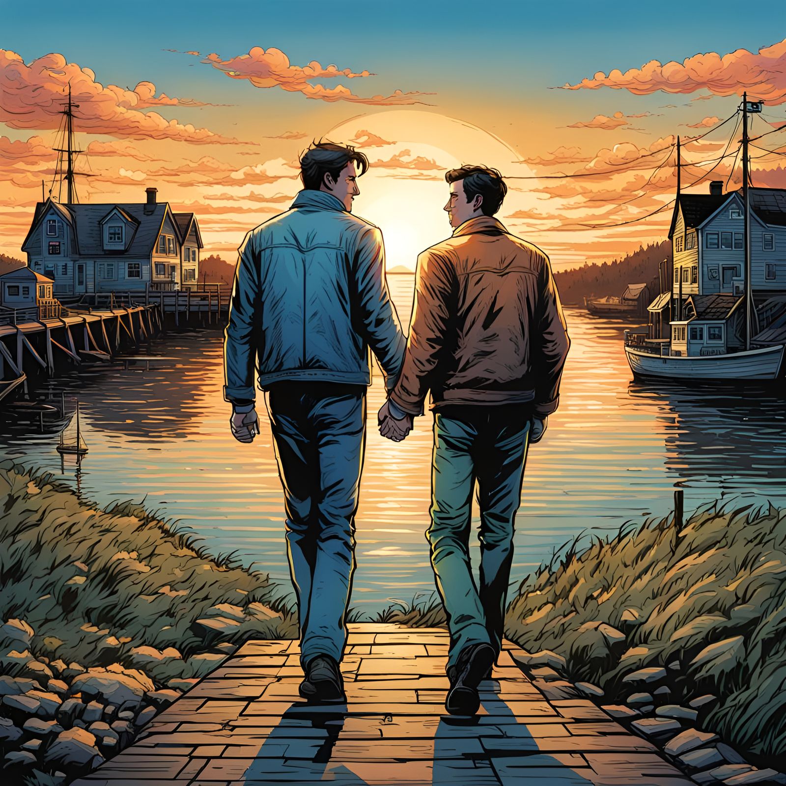 Two Men Find Serenity at Sunset in Charming Lunenburg