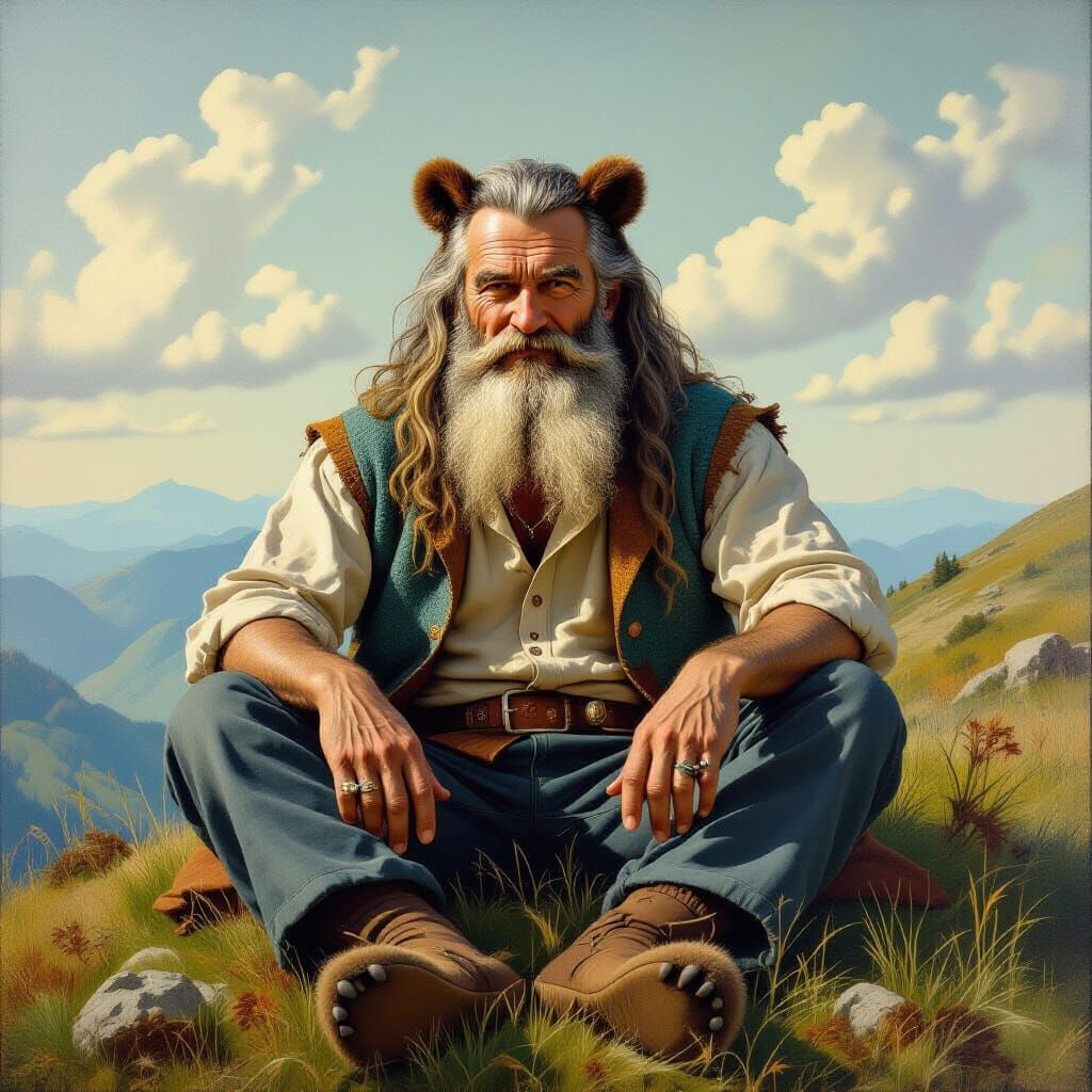 Mysterious Old Man with Bear Ears in Surreal Landscape