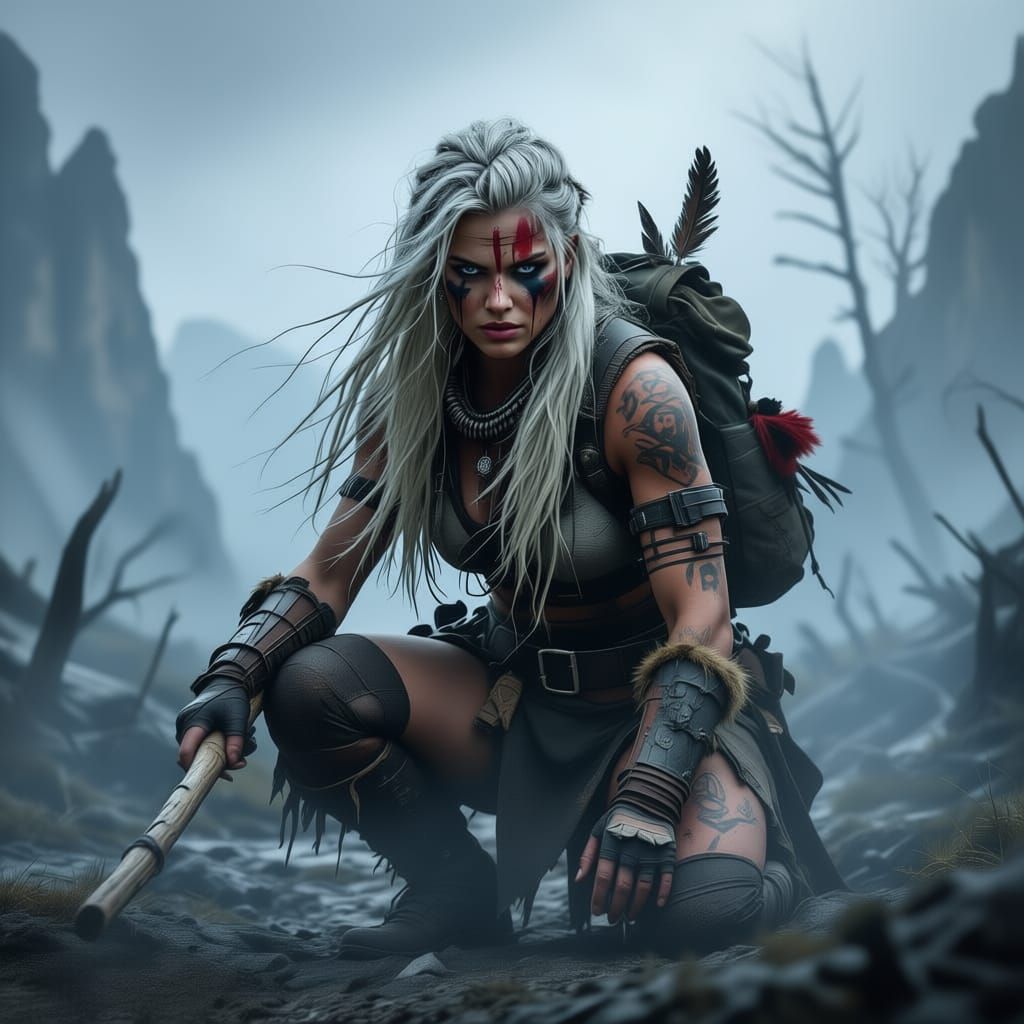 Post-Apocalyptic Warrior Crouching in Misty Landscape