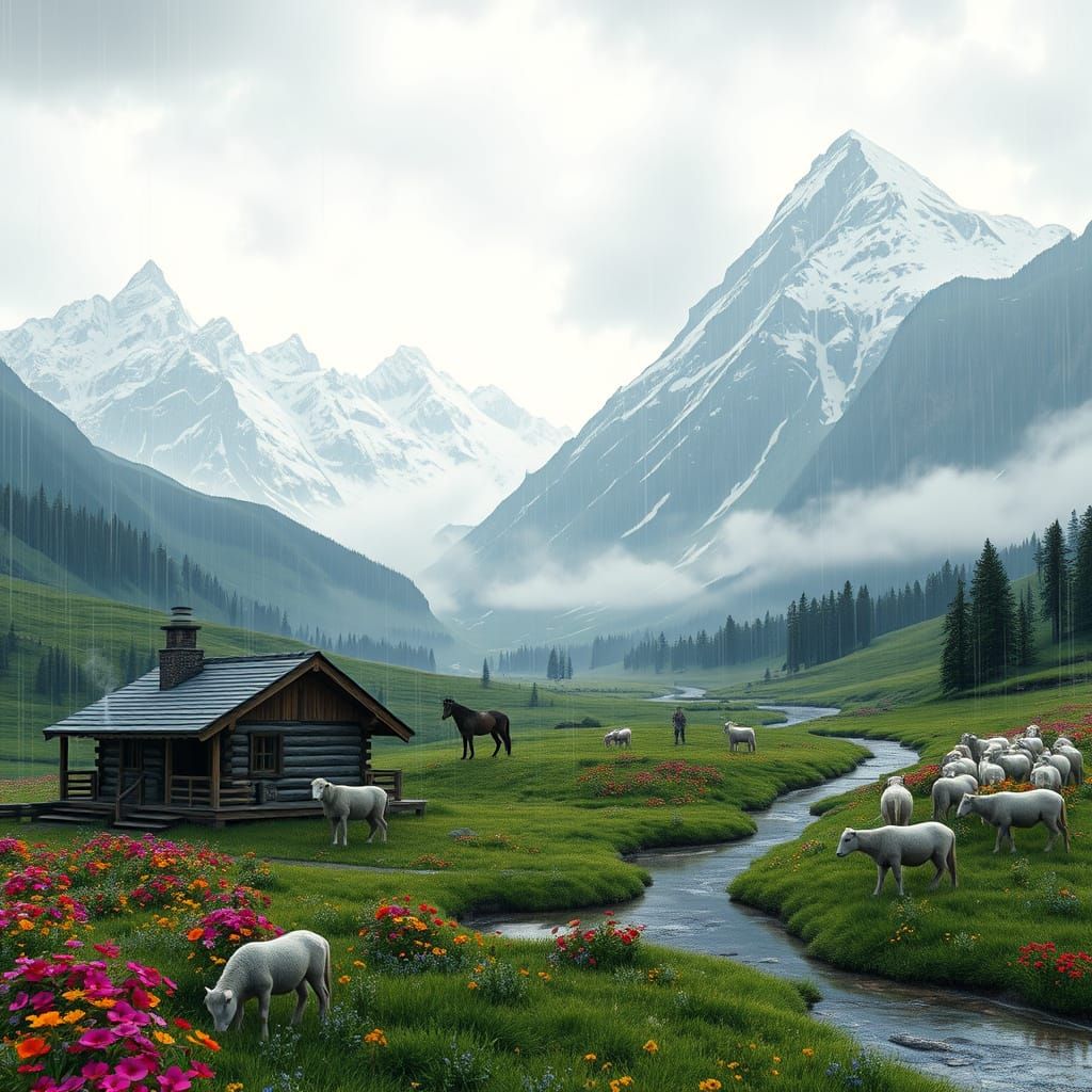 Snowy Mountain Range with Cozy Cabin and Shepherd's Scene