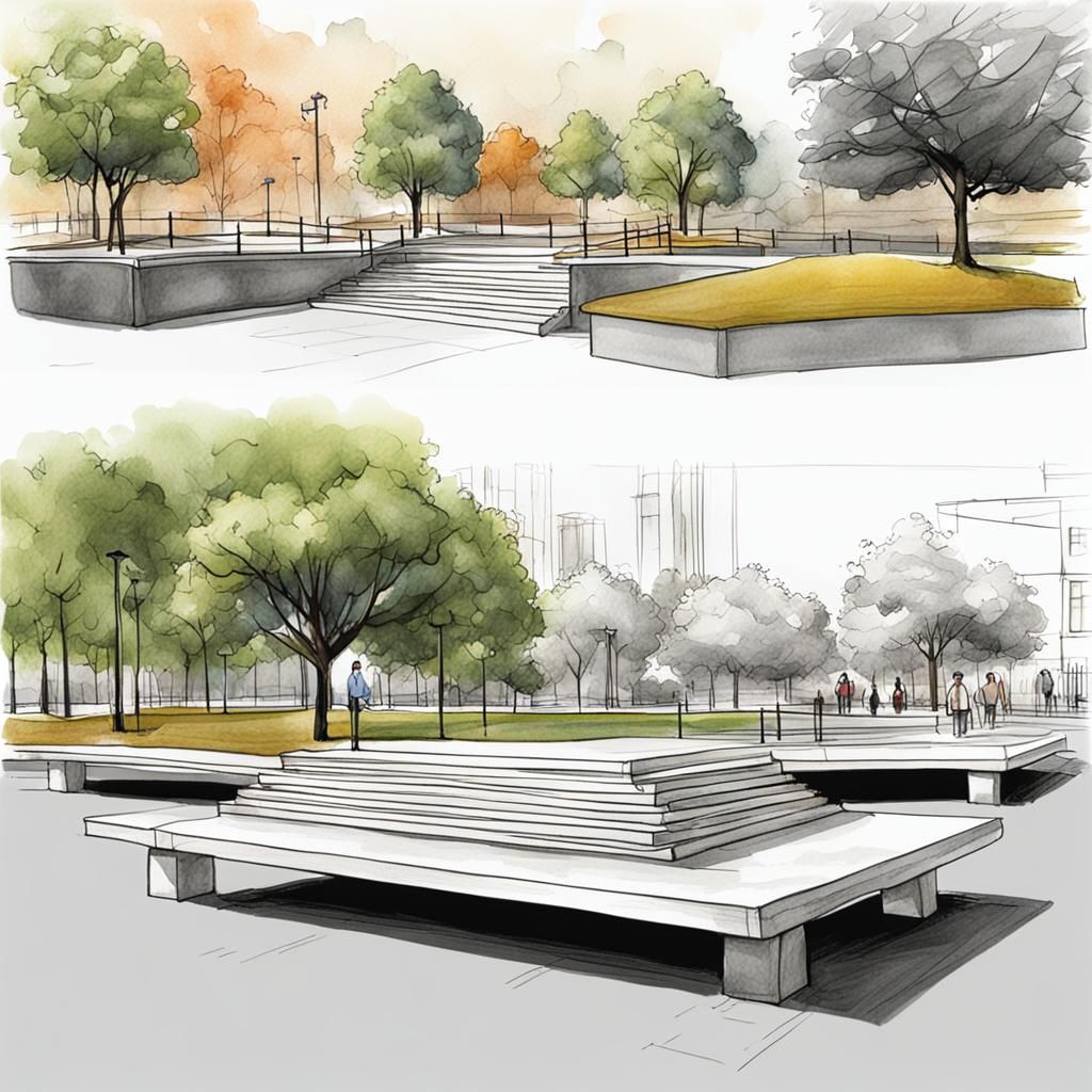 Colorful Concrete Park Benches in Sketchbook Pro Style