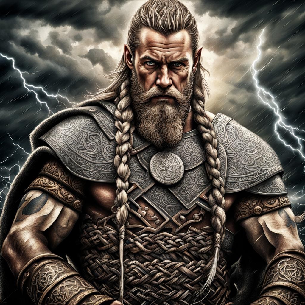 Norse Viking Warrior God in Tribal Woodcarving Style