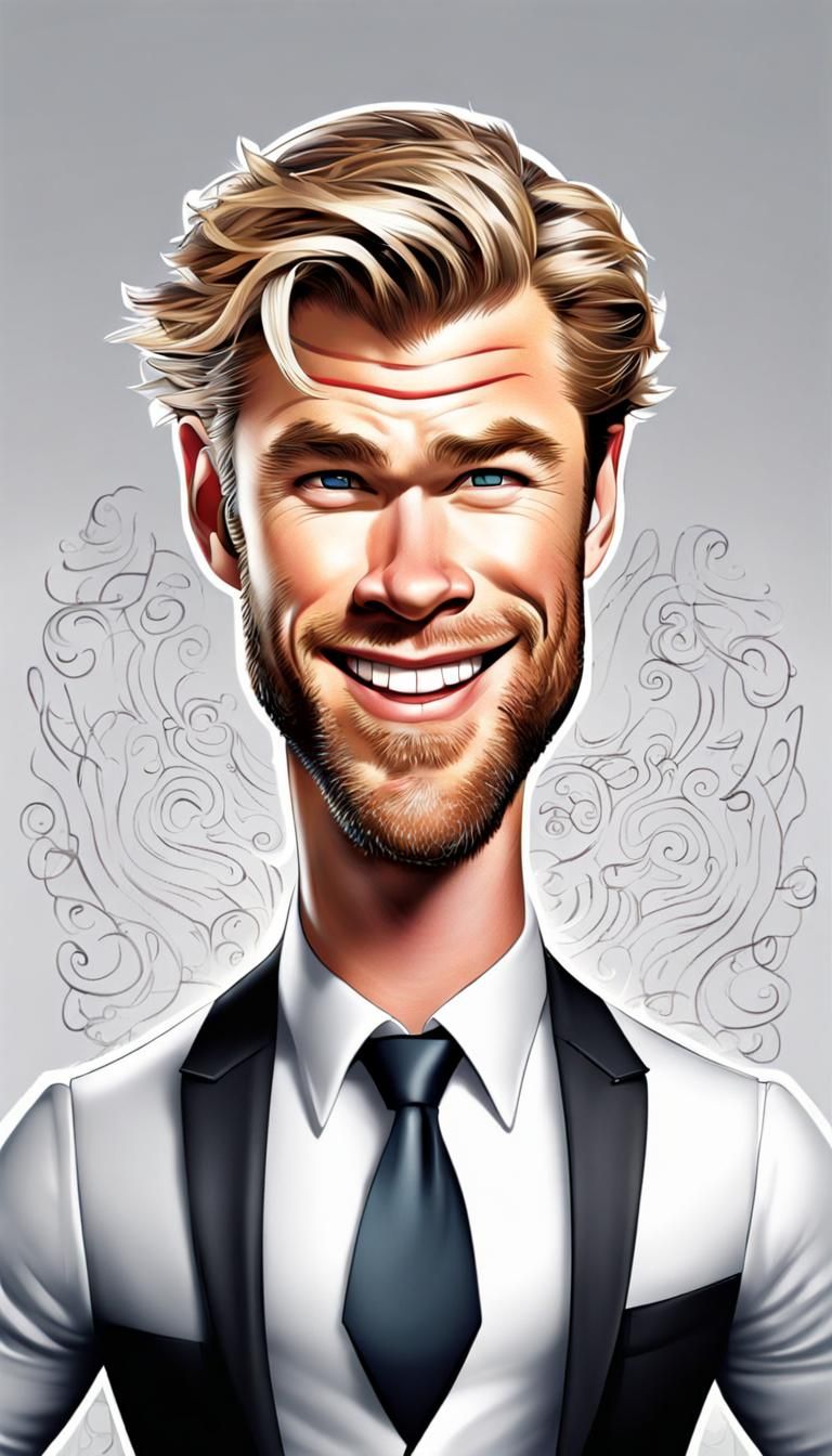 White Tie outfit, funny caricature of Chris Hemsworth, full ...