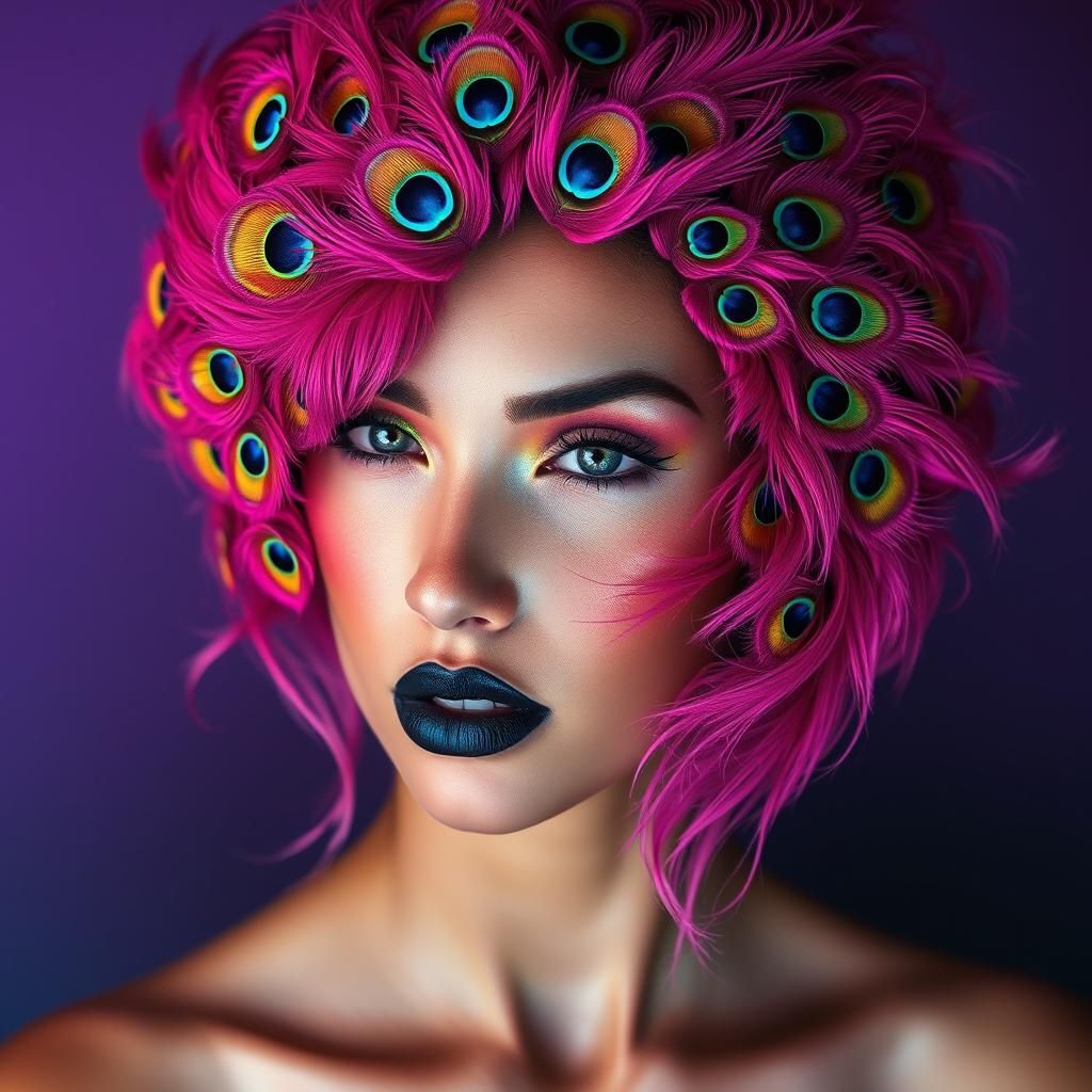 Ethereal Woman in Rose Gold Skin with Peacock Hair and Bold...