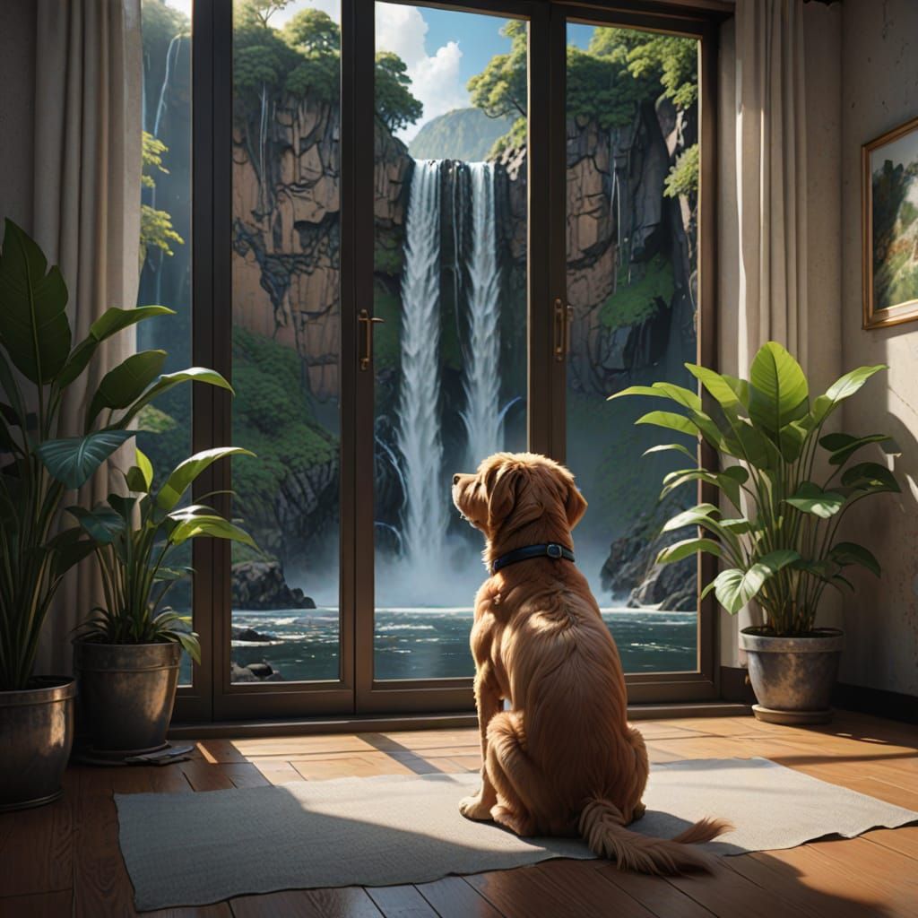 Dog Gazes at Waterfall: Detailed Digital Painting