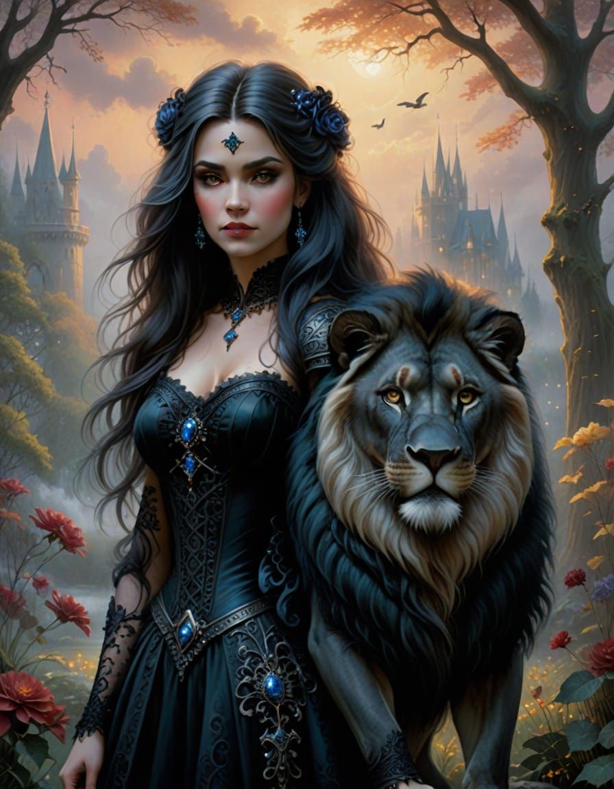 Ethereal Gothic Woman with Majestic Black Lion