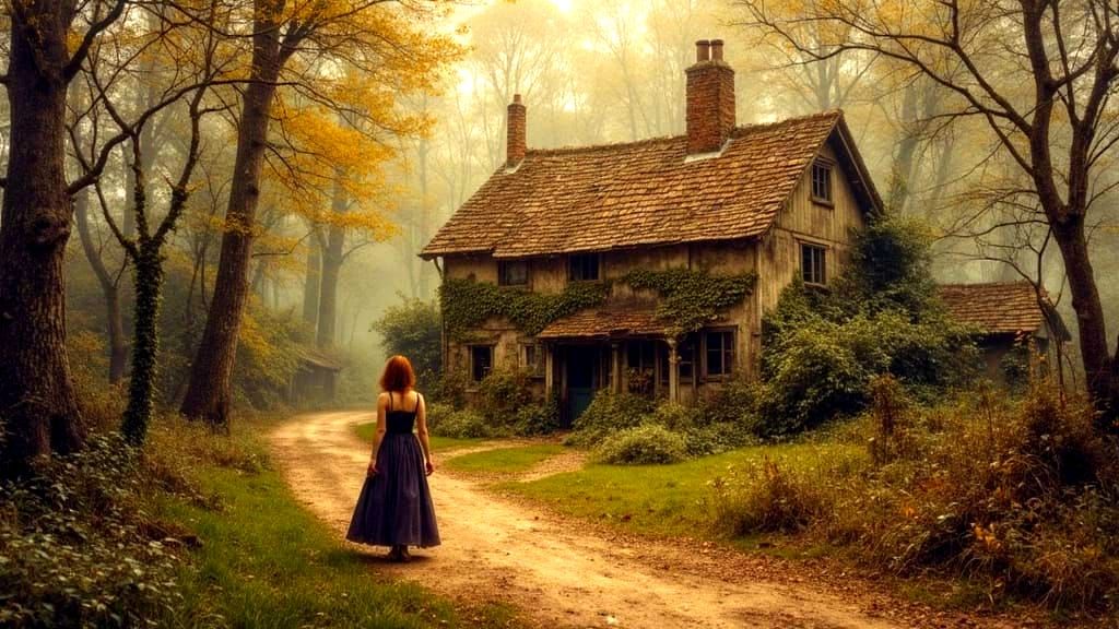 Mysterious Woman at Cottage in Surreal Oil Painting Style
