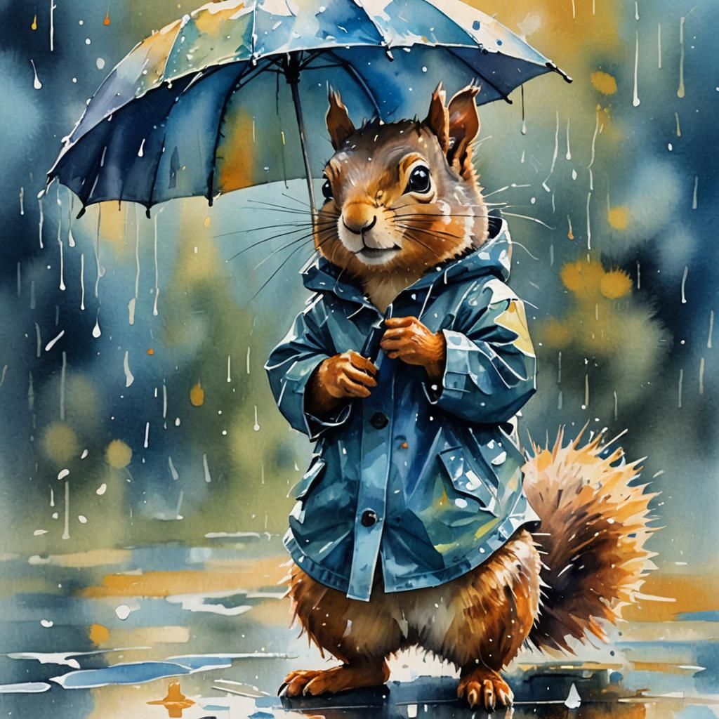 Vibrant Squirrel in Gouache Style Raincoat