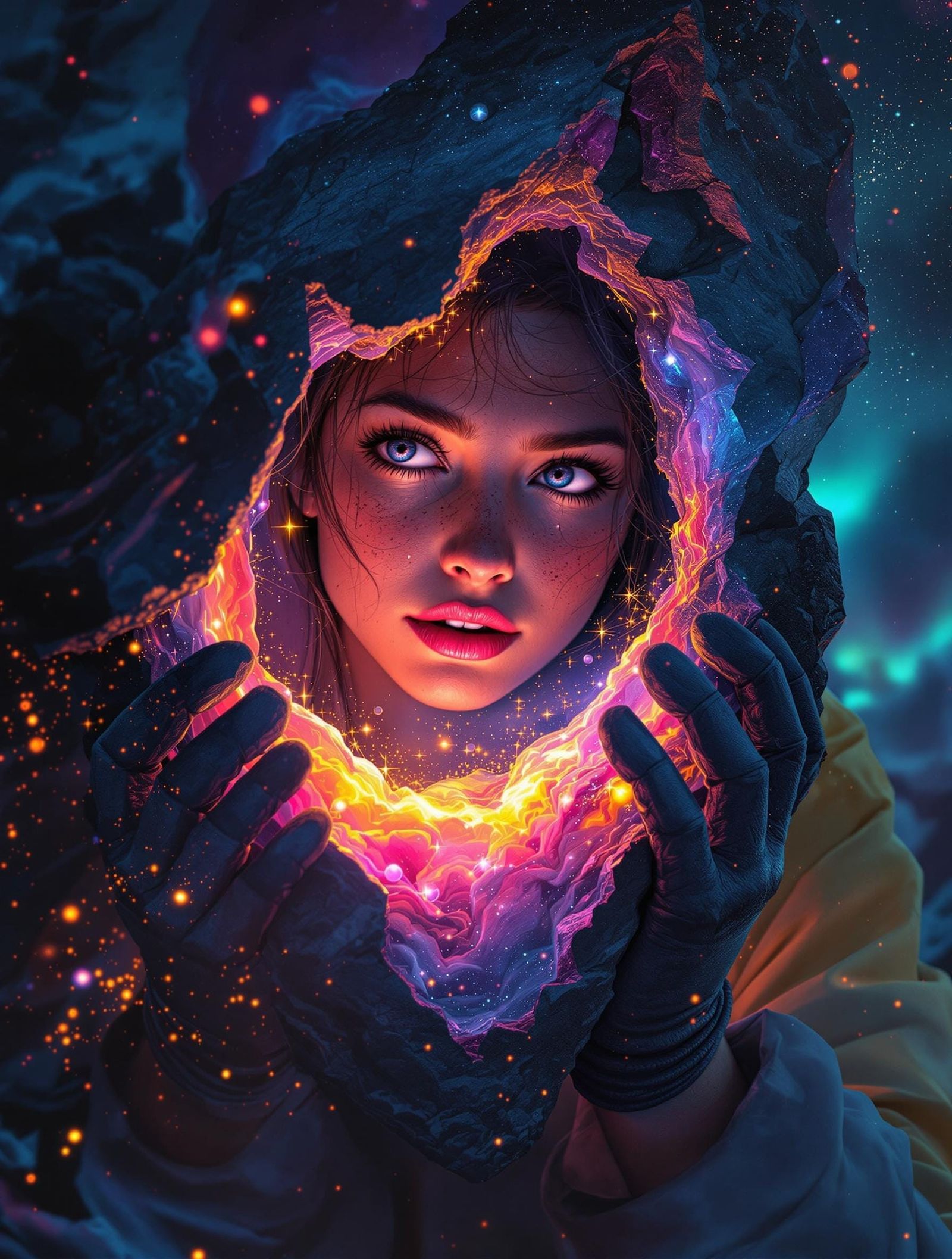 Geologist Discovering Cosmic Geode in Retro Sci-Fi Style