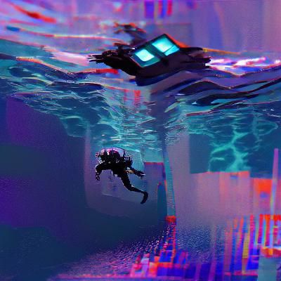 Diver Descending into the Abyss in a Futuristic Underwater S...