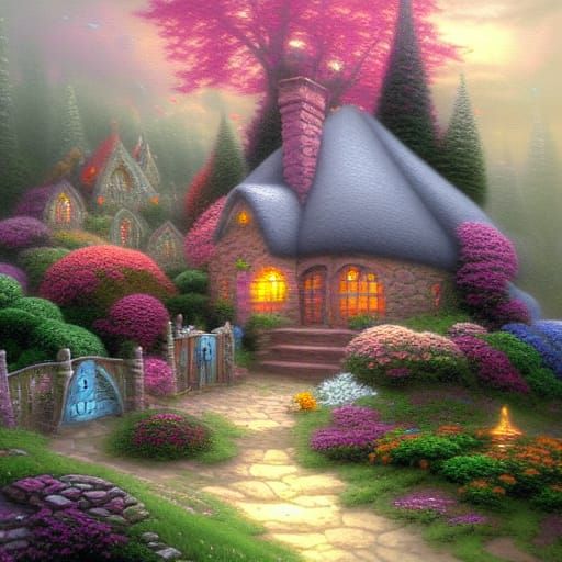 Whimsical Gnome Cottage in Misty Ethereal Landscapes