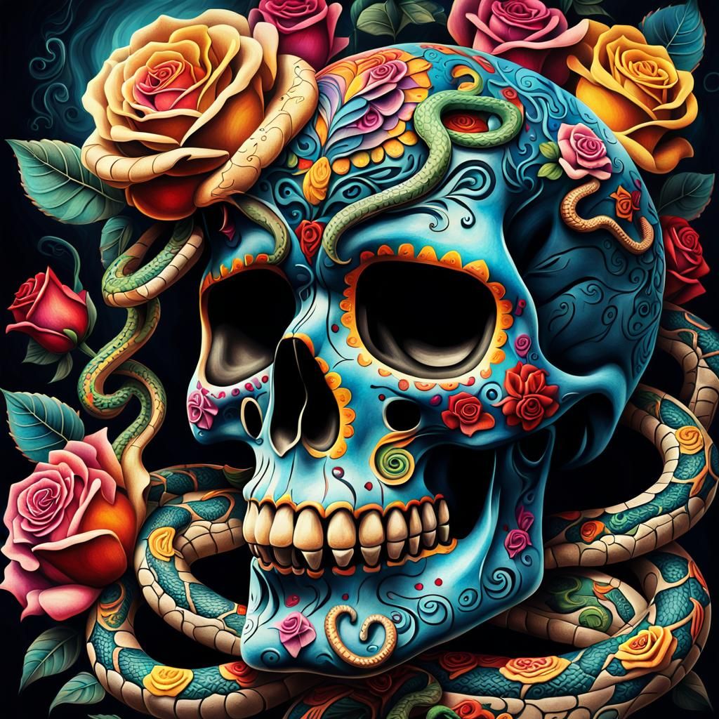 Vibrant Sugar Skull Masterpiece in Intricate Hyperrealistic....