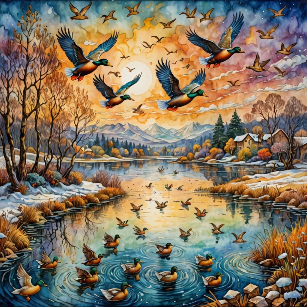 Ducks in Winter Watercolour Landscape