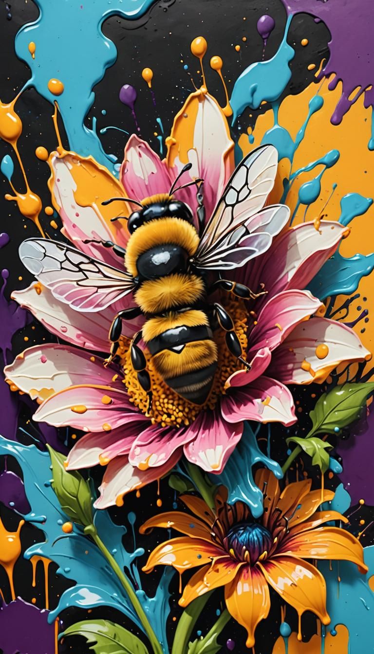 Tiny Bee and Giant Flower in Graffiti Art