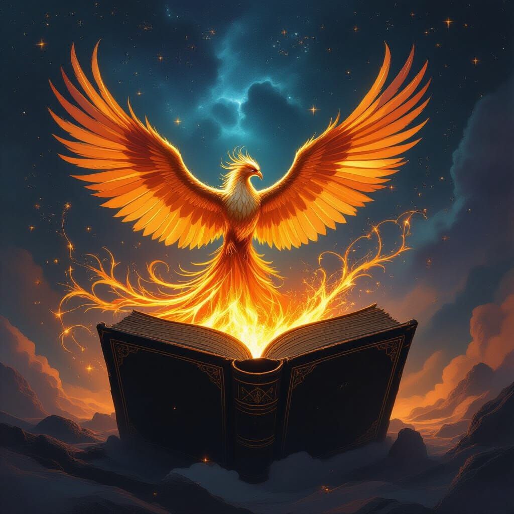Phoenix Erupts From Ancient Tome Amidst Cosmic Nebula