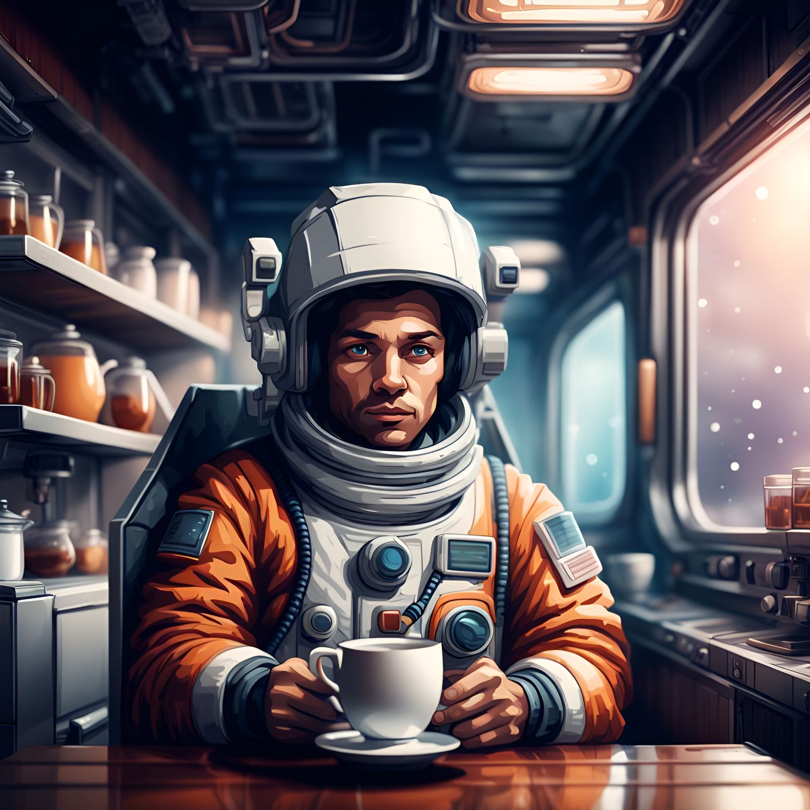 Space Worker in Hyperrealistic Pixel Art