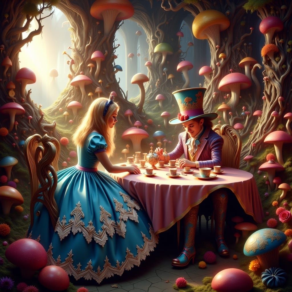 Whimsical Wonderland Tea Party in Vibrant Fantasy Art