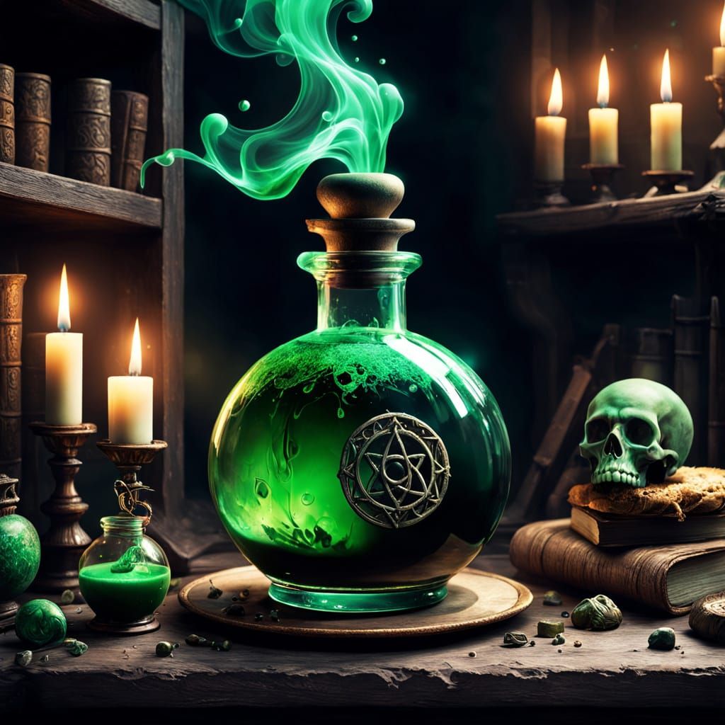 Surreal Dark Fantasy Potion Concoction in Whimsical Style