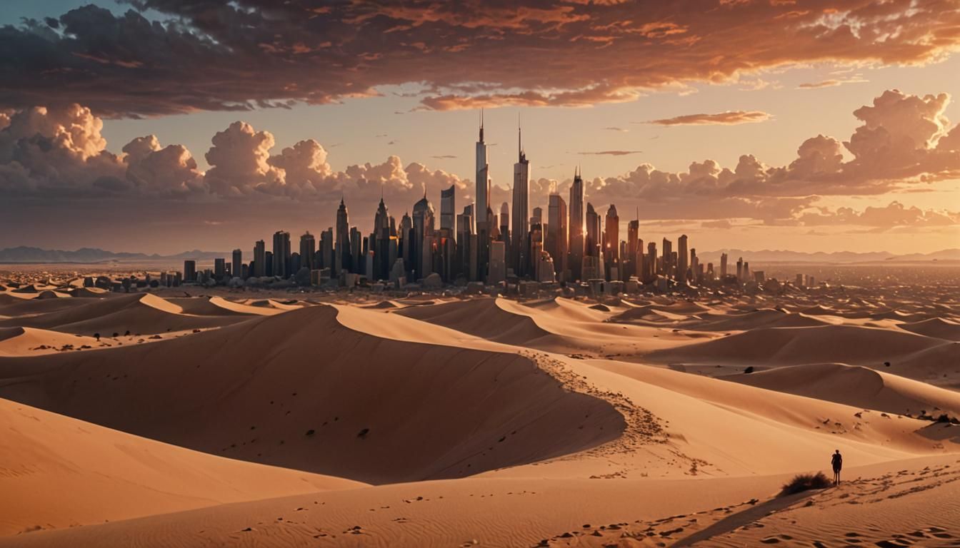 Golden Metropolis Amidst Sand Dunes in Cinematic Style
