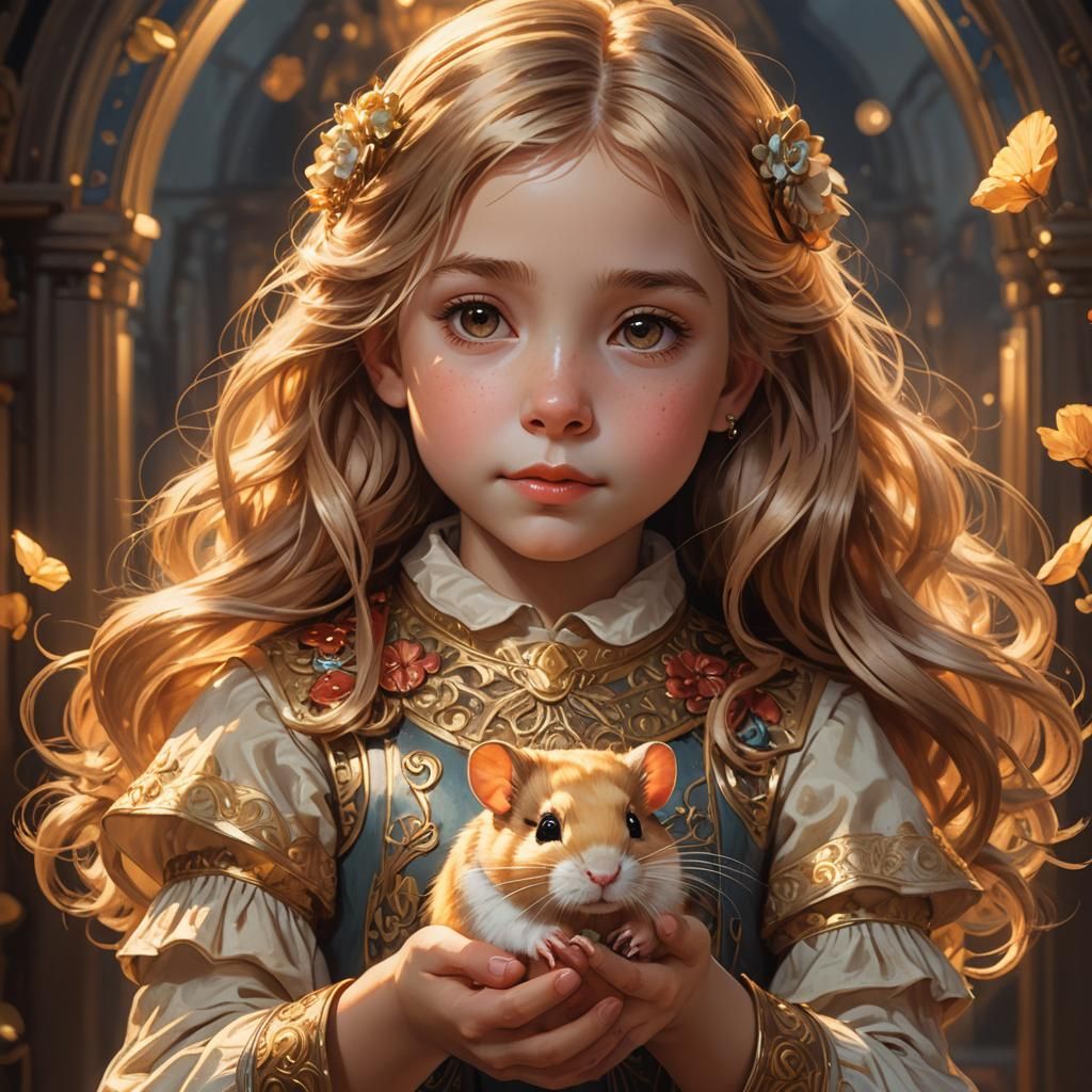 Gentle Girl and Hamster in Golden Light